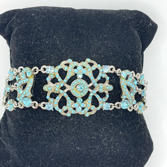 Unsigned Victorian Style Turquoise Blue Rhinestone Filigree Bracelet Adjustable - Picture 1 of 10